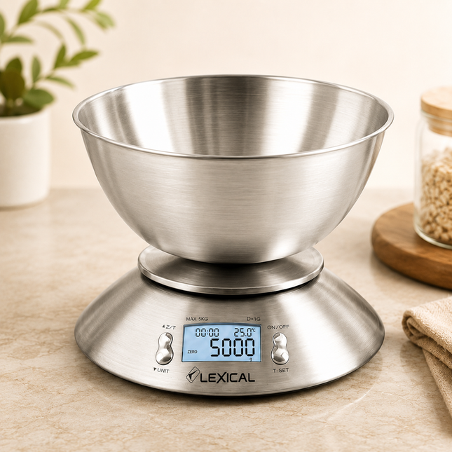 Lexical Germany LKS-4310 Digital Kitchen Scale | 5kg Food Weighing Scale with Stainless Steel Bowl | LCD Display | Timer & Temperature Sensor