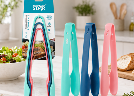 Winning Star Kitchen Tongs Collection | 3-in-1 Kitchen Tongs 4 Silver | Models ST-7626 | Food Tongs | Serving Tongs | Cooking Tool | Kitchen Accessory