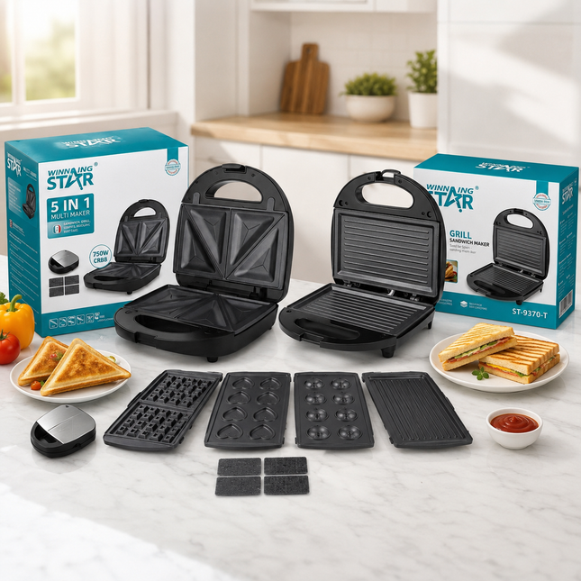 Winning Star Sandwich Makers Collection | 5-in-1 Sandwich Maker 5-in-1 configuration EU Plug Silver, 5-in-1 Sandwich Maker 5-in-1 configuration UK Plug Silver, Sandwich Maker Grill Machine 750W EU Plug Silver, Sandwich Maker Grill Machine 750W UK Plug...