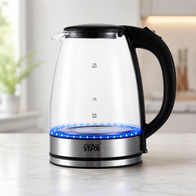 Winning Star Electric Kettles Collection | Electric Kettle 1.8L 1500W EU Plug Silver, Electric Kettle 1.8L 1500W UK Plug Silver, Glass Electric Kettle 1.8L 1500W EU Plug Silver, Glass Electric Kettle 1.8L 1500W UK Plug Silver | Models ST-6011,...