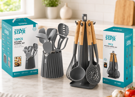 Winning Star Kitchen Utensil Sets Collection | 7-in-1 Nylon Kitchen Utensil Set 33.5 5g, 7-in-1 Silicone Kitchen Utensil Set 28.5 130g | Models ST-7508, ST-7507 | Cooking Utensils | Silicone Utensils | Nylon Utensils | Spatula Set