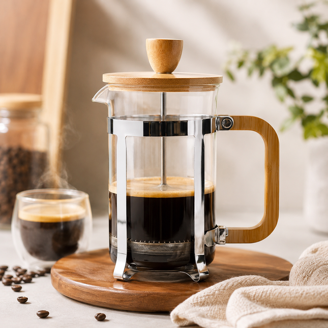 French Press Coffee Maker with Glass Carafe, Stainless Steel Frame, Bamboo Lid & Handle – Manual Coffee & Tea Brewer with Plunger Filter