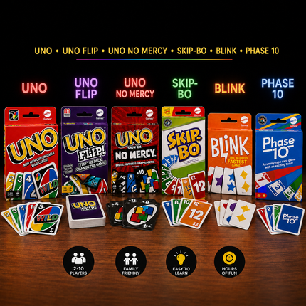 Mattel Karetní Hry Děti Rodina UNO Flip No Mercy SkipBo Blink Phase 10 Dárek Stolní Vánoce