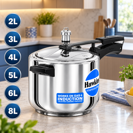 Hawkins Stainless Steel Pressure Cooker 2L to 8L Induction Gas Electric Compatible Cooker