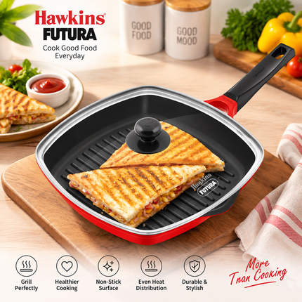Hawkins Grill Pan 30cm Non Stick Square Ceramic Coated Pan with Glass Lid for Grilling