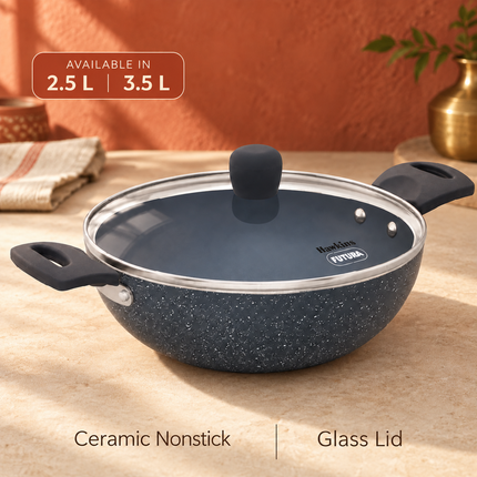 Hawkins Ceramic Non Stick Deep Kadhai 2.5L 3.5L + Glass Lid Granite Finish GAS Induction Compatible