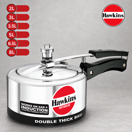 Hawkins Hevibase Aluminium Pressure Cooker 2L 3L 5L 8L Heavy Base Induction Compatible Gas Electric Stoves