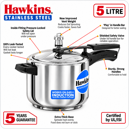 Hawkins Stainless Steel Pressure Cooker 2L 3L 4L 5L 6L Induction Gas Electric Compatible