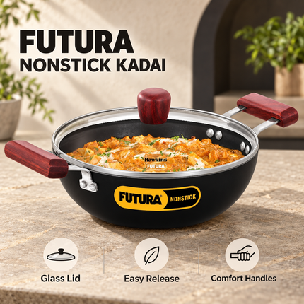 Hawkins Futura 2.5L Non Stick Deep Kadhai Glass Lid Induction Gas Compatible