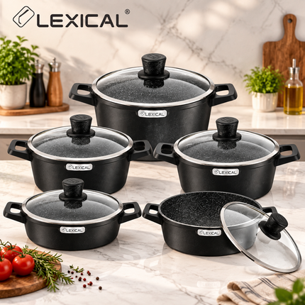 Lexical Germany 10 Piece Granite Casserole Cookware Set Lid Eco Smart Black or Imperial Forge Beige