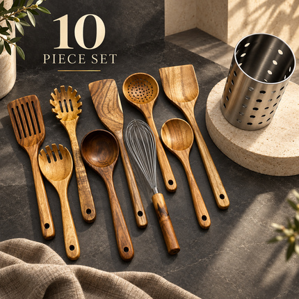 Natural Acacia Wooden Kitchen Utensils Individual or 5, 7, 8 and 10 Piece Sets, Cooking Slotted Spoon, Flat Slotted Spatulas, Salad Fork, Holder