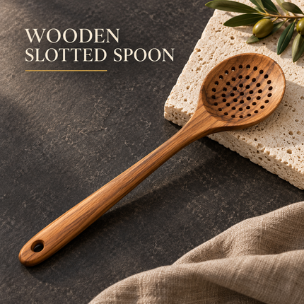 Natural Acacia Wooden Kitchen Utensils Individual or 5, 7, 8 and 10 Piece Sets, Cooking Slotted Spoon, Flat Slotted Spatulas, Salad Fork, Holder