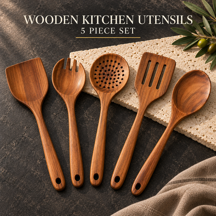 Natural Acacia Wooden Kitchen Utensils Individual or 5, 7, 8 and 10 Piece Sets, Cooking Slotted Spoon, Flat Slotted Spatulas, Salad Fork, Holder