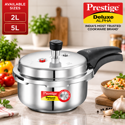 Prestige Deluxe Alpha Stainless Steel Pressure Cooker 2L 5L Induction Base Cookware