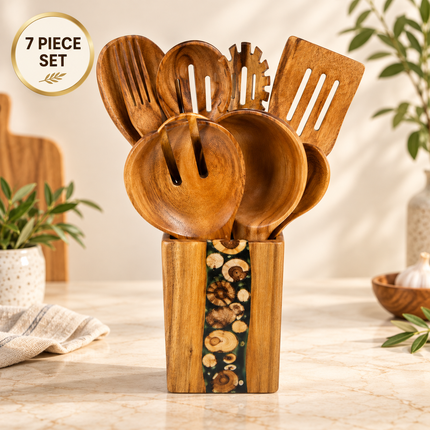 Natural Acacia Wooden Kitchen Utensils Individual or 5, 7, 8 and 10 Piece Sets, Cooking Slotted Spoon, Flat Slotted Spatulas, Salad Fork, Holder