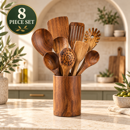 Natural Acacia Wooden Kitchen Utensils Individual or 5, 7, 8 and 10 Piece Sets, Cooking Slotted Spoon, Flat Slotted Spatulas, Salad Fork, Holder