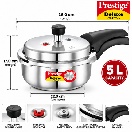 Prestige Deluxe Alpha Stainless Steel Pressure Cooker 2L 5L Induction Base Cookware