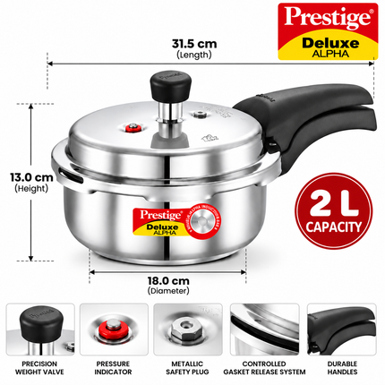 Prestige Deluxe Alpha Stainless Steel Pressure Cooker 2L 5L Induction Base Cookware
