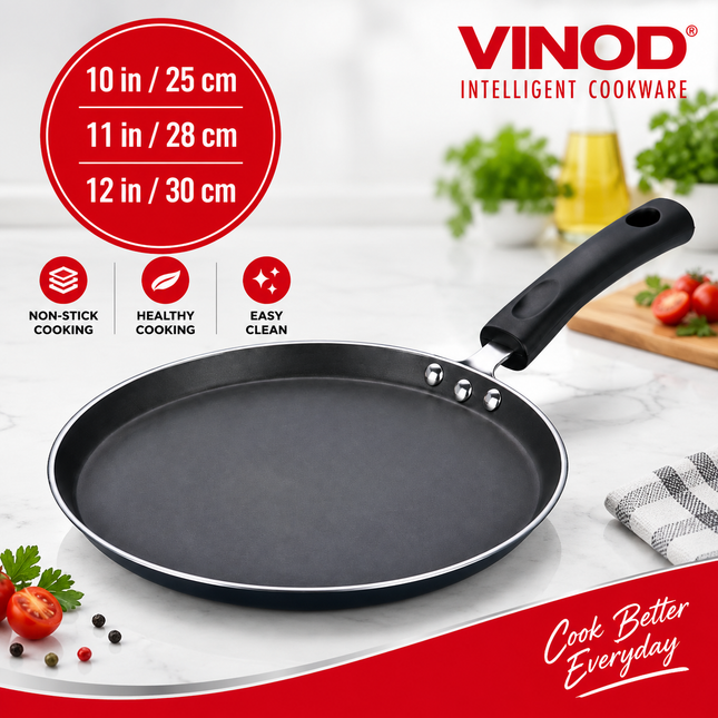 Vinod nepřilnavý Dosa Tawa (pánev) s indukčním dnem, hliníková plochá pánev kompatibilní s plynem a indukcí, povrch odolný proti poškrábání, rovnoměrný ohřev | Velikosti: 25cm, 28cm, 30cm