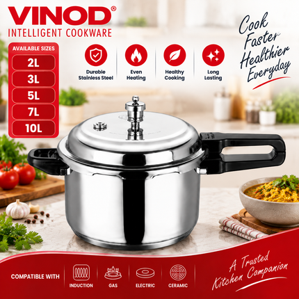 VINOD Stainless Steel Outer Lid Pressure Cooker Induction Gas Compatible Cooker 2L 3L 5L 7L 10L