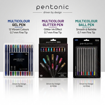 Pentonic Writing Pens Set Gel, Ballpoint & Glitter Gel Pens 0.6mm/0.7mm/1.0mm Fine Medium Tip Multicolour, 10 & 12 Pack for School Office Journaling Everyday Writing