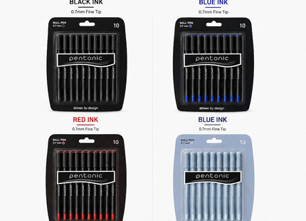 Pentonic Ballpoint & Frost Pens 0.7mm Fine Tip Pack of 10 Black Blue Red Smooth Writing Quick Dry Ink Stationery Set for School Office Home Notes Exams Journaling Everyday Writing