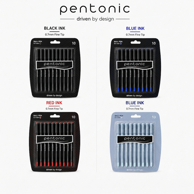 Pentonic Ballpoint & Frost Pens 0.7mm Fine Tip Pack of 10 Black Blue Red Smooth Writing Quick Dry Ink Stationery Set for School Office Home Notes Exams Journaling Everyday Writing