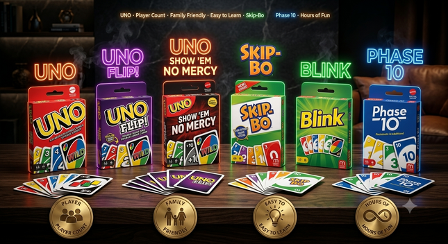 Mattel Card Games Kids Family UNO Flip No Mercy SkipBo Blink Phase 10 Gift Table Top Christmas