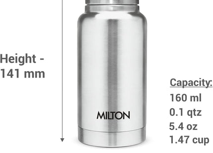 Milton Elfin 160, Double Wall Vacuum Insulated Flask, 160 ml | 5.4 oz | Hot & Cold Water Bottle, 18/8 Stainless Steel, Compact Flask, Durable Body, BPA Free, Leak-Proof Simple Screw Lid | Silver