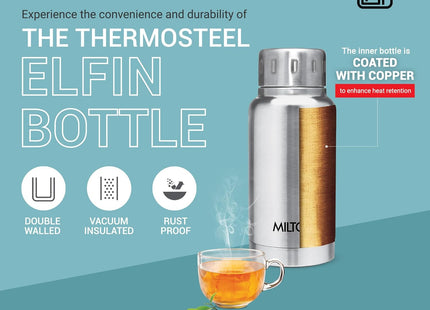 Milton Elfin 160, Double Wall Vacuum Insulated Flask, 160 ml | 5.4 oz | Hot & Cold Water Bottle, 18/8 Stainless Steel, Compact Flask, Durable Body, BPA Free, Leak-Proof Simple Screw Lid | Silver