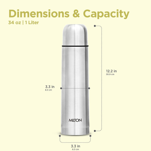 Milton Vacuum Flask for Hot Drink 1 Litre (34 oz), Stainless Steel Double Walled Insulated Water Bottle for 24 Hour Hot and Cold Drinks with Cover, Leak Proof, Thermosteel Flip Lid 1000 ml Set of -2