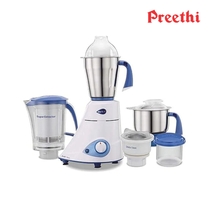 Preethi Blue Leaf Platinum MG 139 750W Indian Mixer Grinder â€“ 4 Jars with Super Extractor & Airâ€‘Tight Storage, Heavyâ€‘Duty FBT Motor for Dry & Wet Grinding, White, Indian Plug + International Converter
