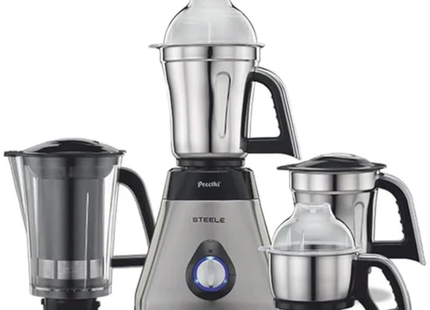 Preethi Steel Supreme MG 208 750W indický mixér a mlýnek – 4 nádoby + super extraktor, výkonný motor pro suché i mokré mletí, černá/stříbrná, indická zástrčka + mezinárodní adaptér