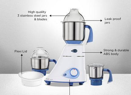Preethi MG 214 Indian Mixer Grinder 750W - 3 Stainless Steel Jars, Shock-Proof ABS Body, Fine Dry & Wet Grinding, Indian Plug + International Converter