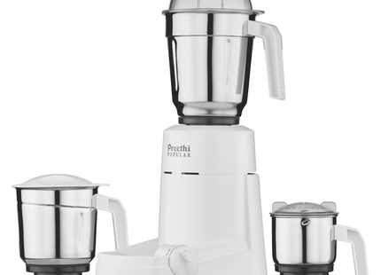 Preethi Popular MG 142 750W Indian Mixer Grinder - 3 Stainless Steel Jars, Fine Grinding Performance, Shock-Proof ABS Body, White, Indian Plug + International Converter