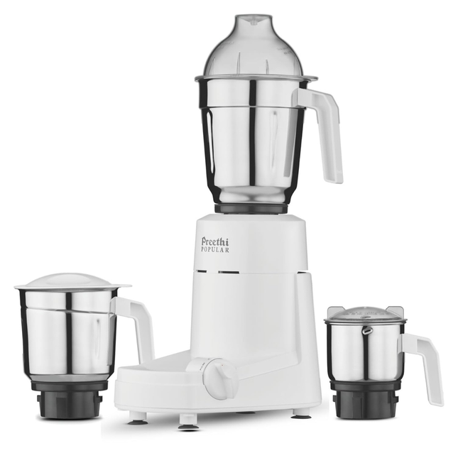 Preethi Popular MG 142 750W Indian Mixer Grinder â€“ 3 Stainless Steel Jars, Fine Grinding Performance, Shockâ€‘Proof ABS Body, White, Indian Plug + International Converter