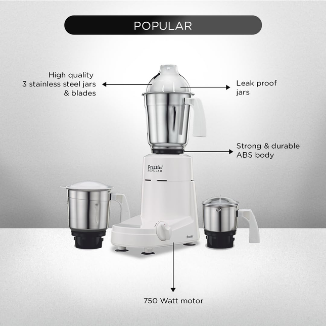 Preethi Popular MG 142 750W Indian Mixer Grinder â€“ 3 Stainless Steel Jars, Fine Grinding Performance, Shockâ€‘Proof ABS Body, White, Indian Plug + International Converter