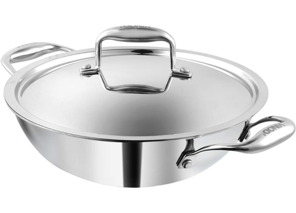 Vinod Platinum Triply Stainless Steel Deep Kadai with Lid Heavy Duty Tri-Ply SS Kadhai Induction & Gas Compatible Even Heat Distribution Mirror Finish | Sizes: 26cm, 28cm, 30cm