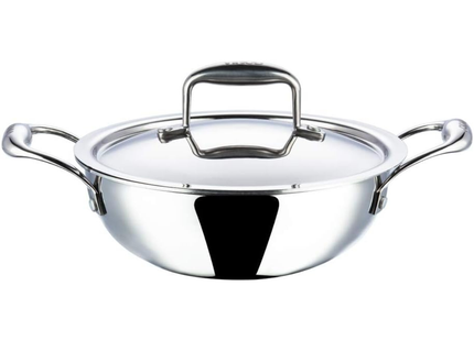 Vinod Platinum Triply Stainless Steel Kadai with Lid Heavy Duty Tri-Ply SS Kadhai Induction & Gas Compatible Even Heat Distribution Durable Mirror Finish | Sizes: 18cm, 20cm, 22cm, 24cm, 26cm
