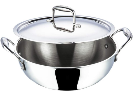 Vinod Platinum Triply Stainless Steel Kadai with Lid Heavy Duty Tri-Ply SS Kadhai Induction & Gas Compatible Even Heat Distribution Durable Mirror Finish | Sizes: 18cm, 20cm, 22cm, 24cm, 26cm