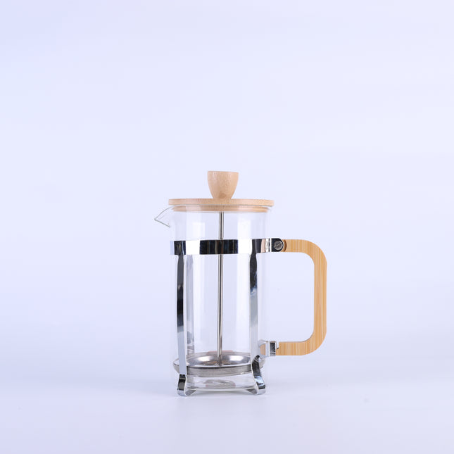 French Press Coffee Maker with Glass Carafe, Stainless Steel Frame, Bamboo Lid & Handle – Manual Coffee & Tea Brewer with Plunger Filter