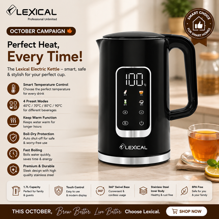 Lexical Germany 1.7L Electric Kettle | 2200W Rapid Boil | LED Touch Display | Temperature Control | EU Plug