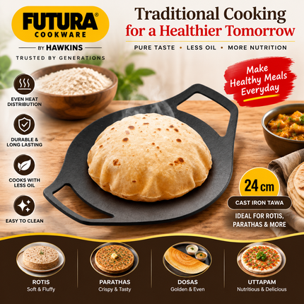 Hawkins Futura Cast Iron Tawa 24cm Pre Seasoned Naturally Non Stick Roti Chapati Griddle