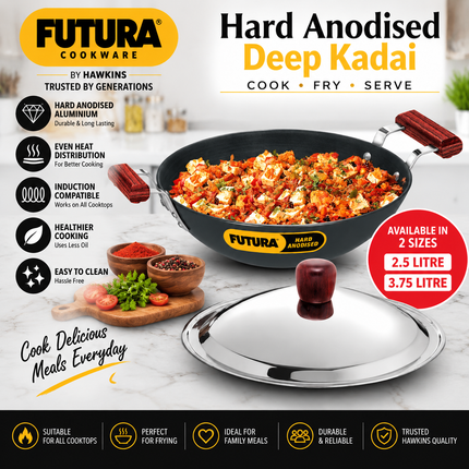 Hawkins Futura Hard Anodised Flat Bottom Kadai 2.5L 3.75L