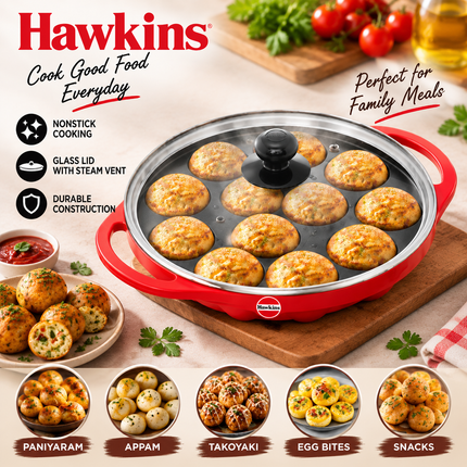Hawkins Non Stick Appe Pan 20cm and 24cm 12 Cup Paniyaram Pan with Glass Lid