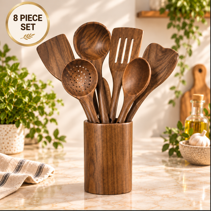 Natural Acacia Wooden Kitchen Utensils Individual or 5, 7, 8, 10 Piece Sets Cooking Slotted Spoon Flat Slotted Spatulas Salad Fork Holder