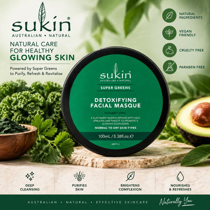 Sukin Super Greens detoxikační jílová pleťová maska 100ml, přírodní pleťová maska, hloubkové čištění a rozjasnění, s kustovnicí čínskou, avokádem a baobabem, veganské a netestováno na zvířatech