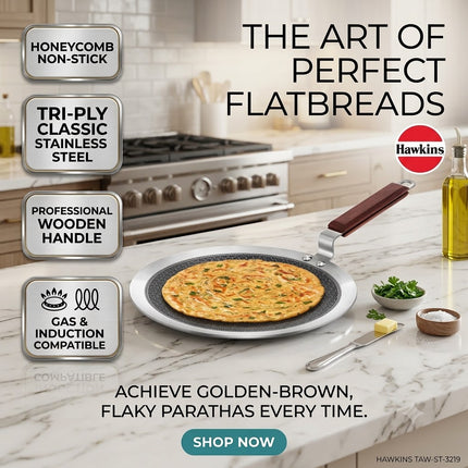Hawkins 26cm Triply Stainless Steel Paratha Tava Nonstick Flat Tawa Rosewood Handle Induction Gas Pan