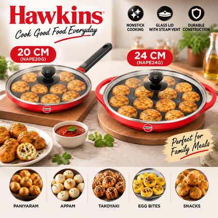 Hawkins Non Stick Appe Pan 20cm and 24cm 12 Cup Paniyaram Pan with Glass Lid