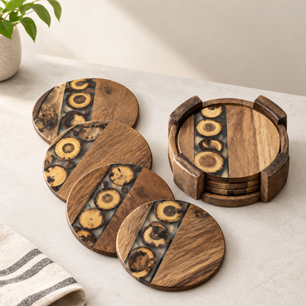 Acacia Wood Resin Serving Tray Coaster Set Wooden Display Platter Rustic Home Décor Handmade
